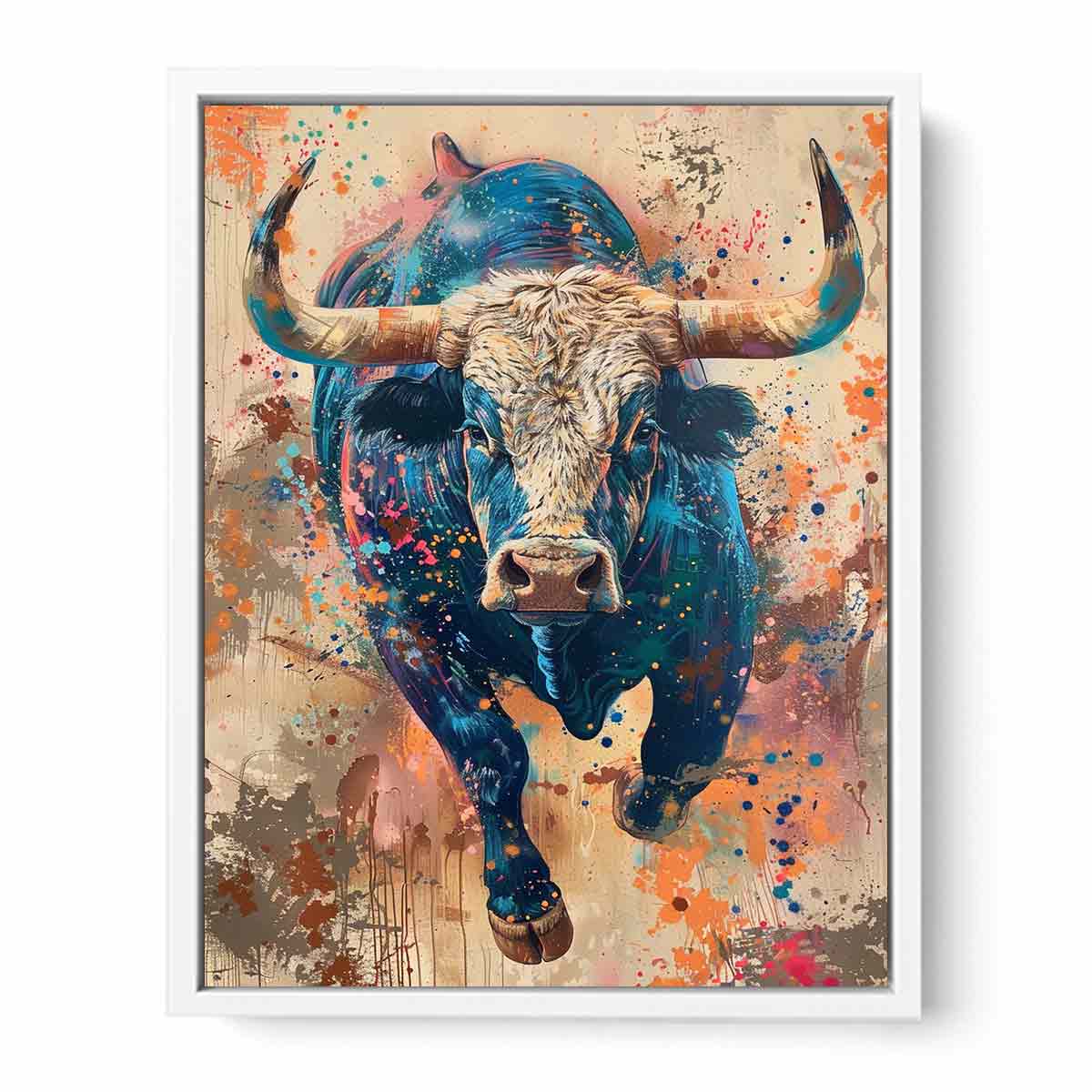Colorful charging bull portrait with expressive paint splashes for modern offices decor.