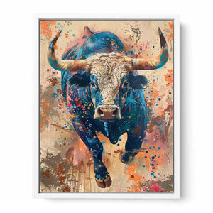 Colorful charging bull portrait with expressive paint splashes for modern offices decor.