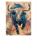 Colorful charging bull portrait with expressive paint splashes for modern offices decor.