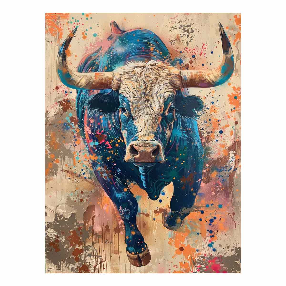 Colorful charging bull portrait with expressive paint splashes for modern offices decor.