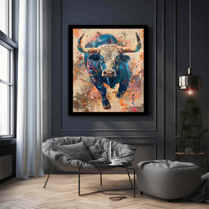 Colorful charging bull portrait with expressive paint splashes for modern offices decor.