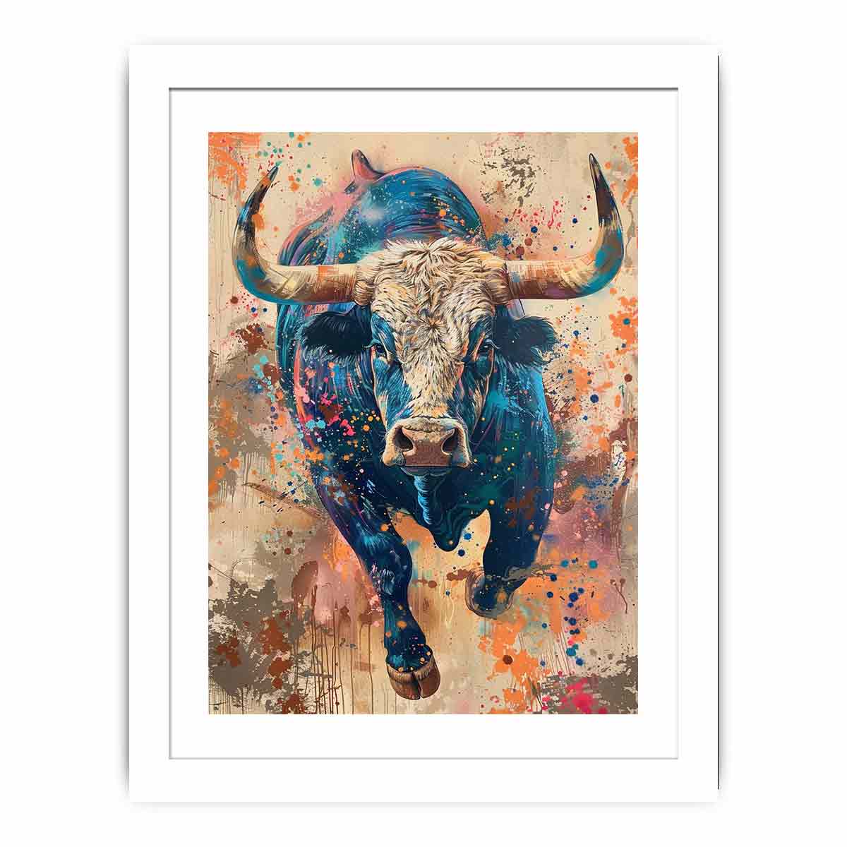 Colorful charging bull portrait with expressive paint splashes for modern offices decor.