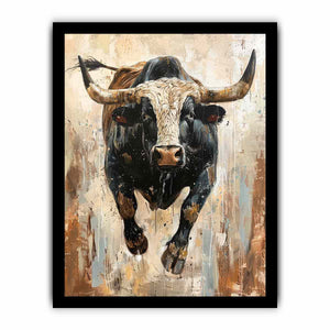 Black bull charging forward against a textured neutral background for modern offices decor.