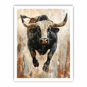 Black bull charging forward against a textured neutral background for modern offices decor.
