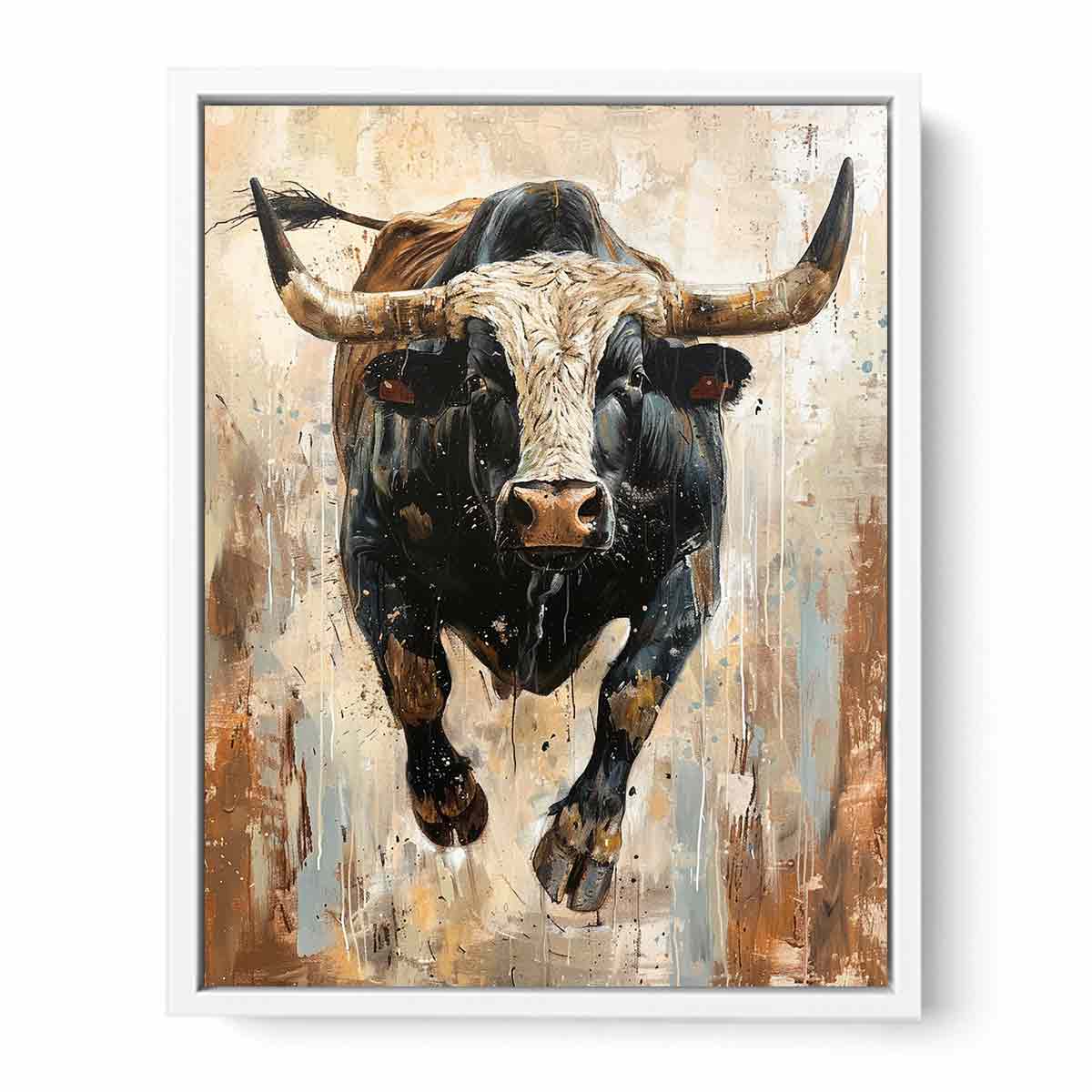 Black bull charging forward against a textured neutral background for modern offices decor.