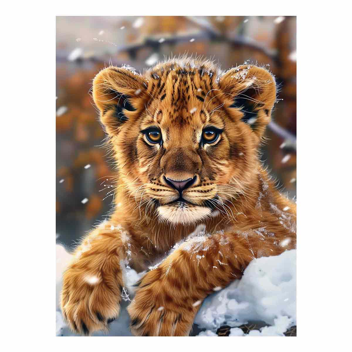 Young lion cub resting in snow with soft falling flakes for modern nurseries decor.