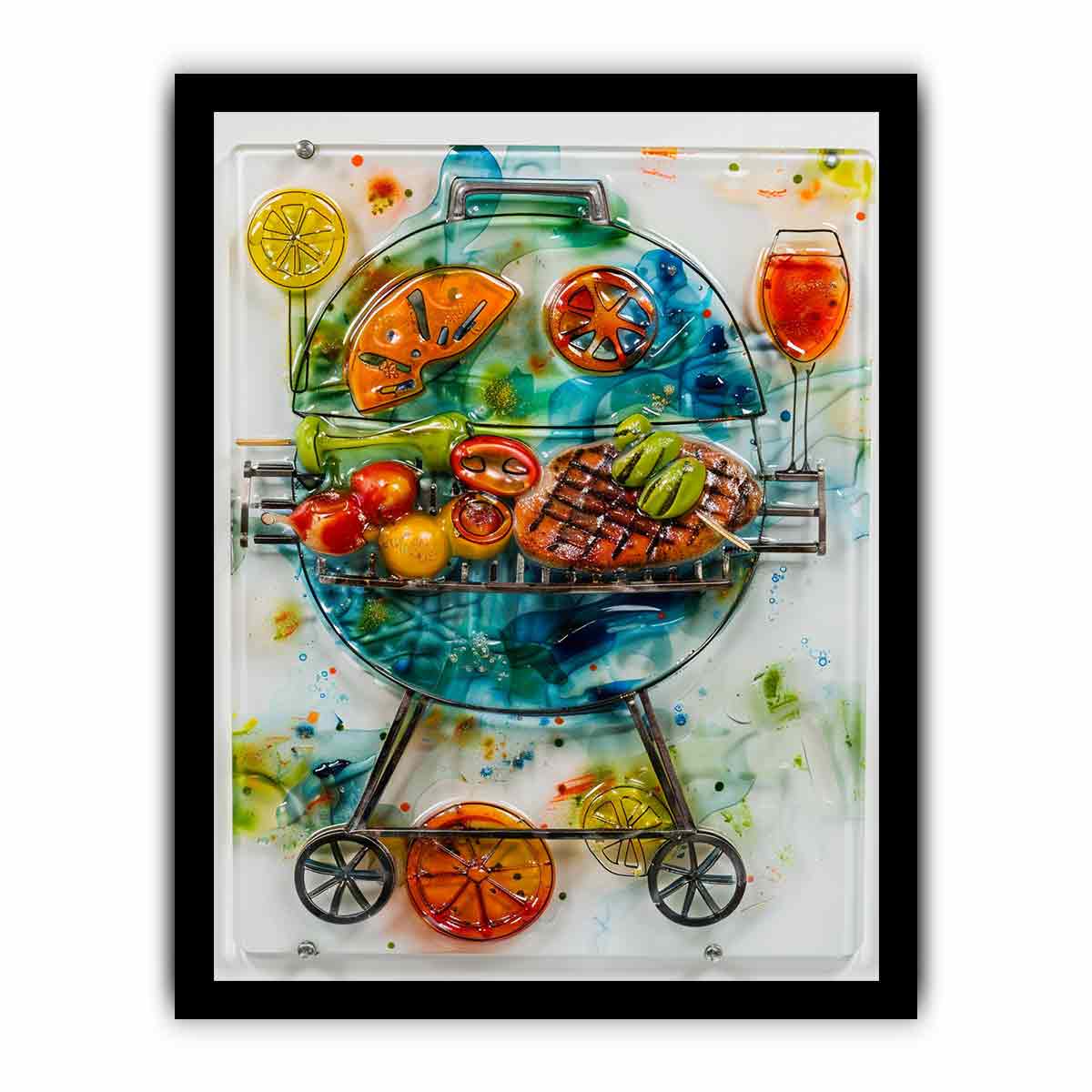 Colorful barbecue grill canvas art with citrus and vegetables for modern kitchen decor.