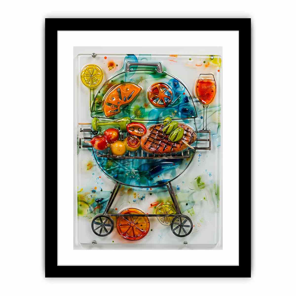 Colorful barbecue grill canvas art with citrus and vegetables for modern kitchen decor.