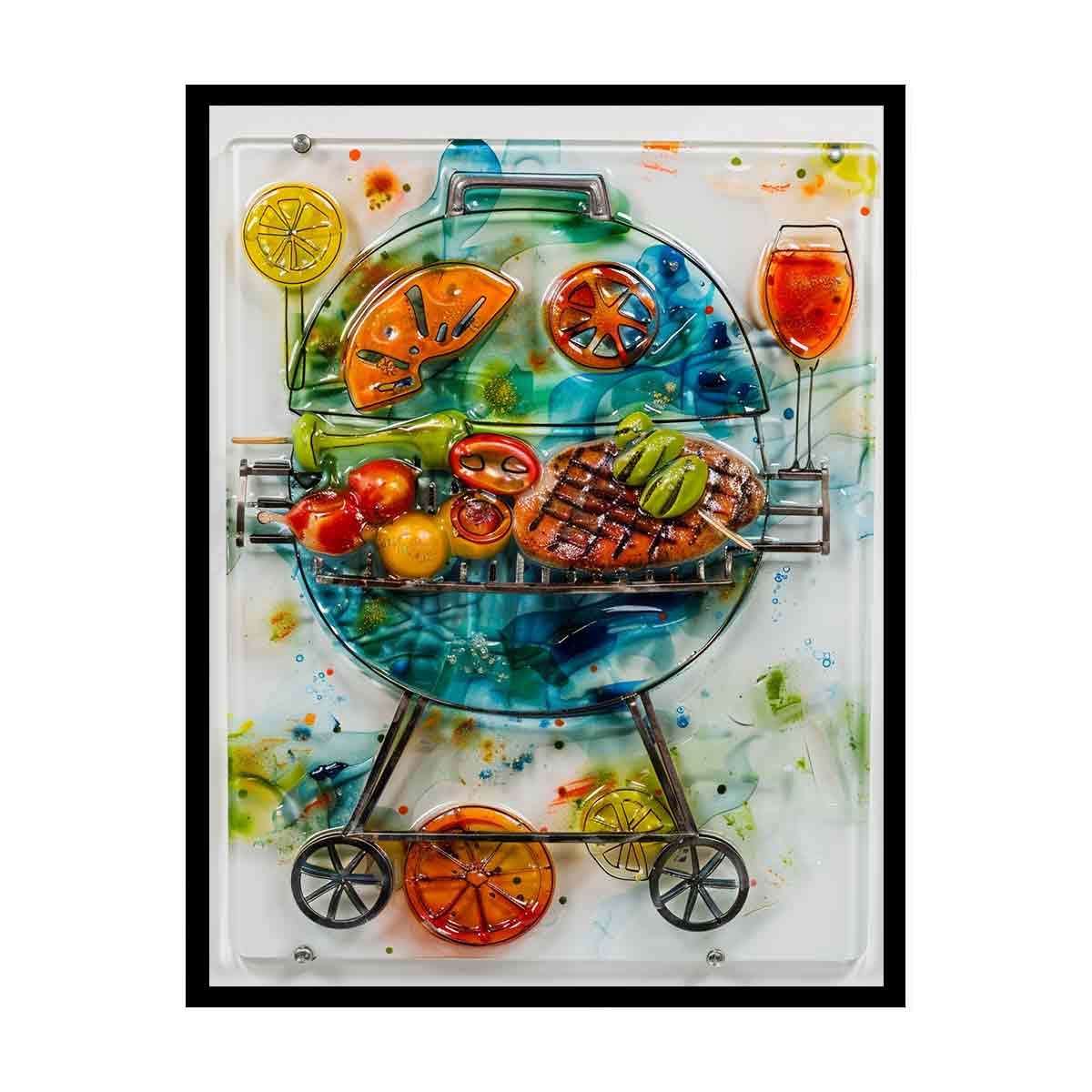 Colorful barbecue grill canvas art with citrus and vegetables for modern kitchen decor.