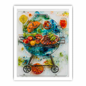 Colorful barbecue grill canvas art with citrus and vegetables for modern kitchen decor.