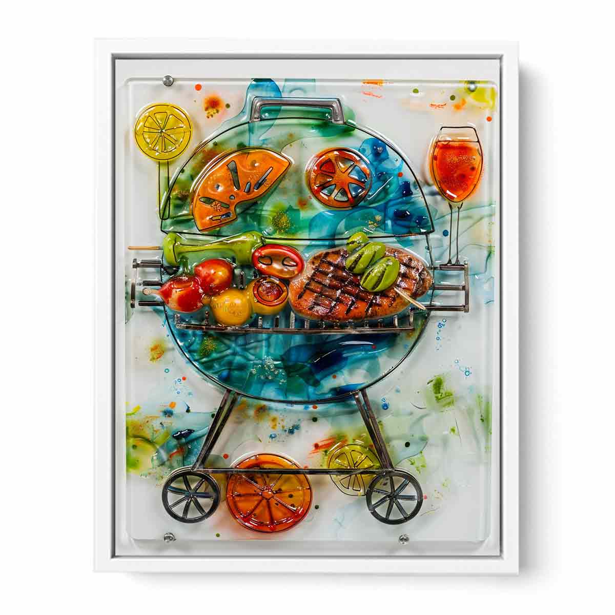 Colorful barbecue grill canvas art with citrus and vegetables for modern kitchen decor.