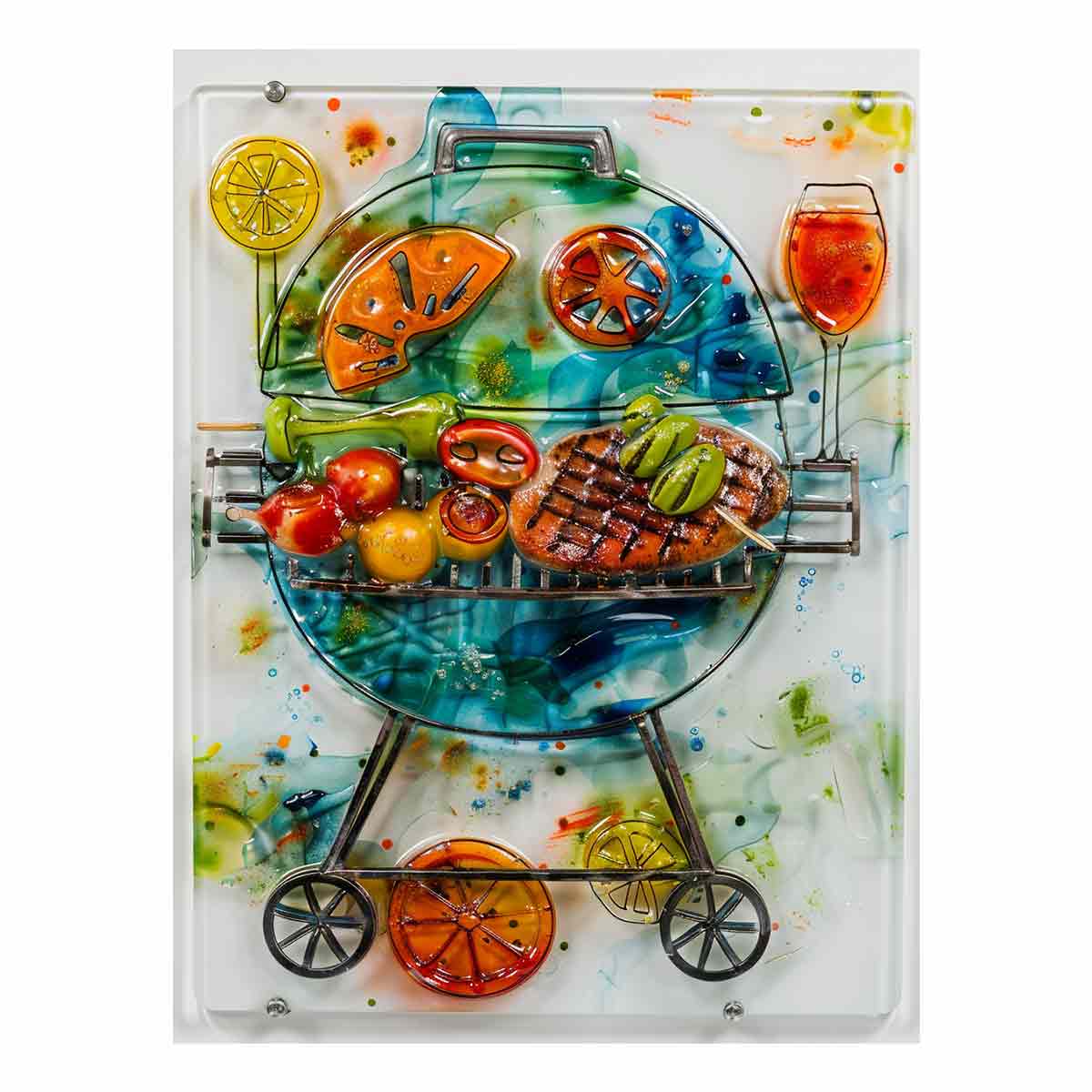 Colorful barbecue grill canvas art with citrus and vegetables for modern kitchen decor.