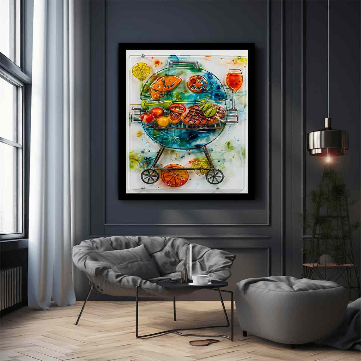 Colorful barbecue grill canvas art with citrus and vegetables for modern kitchen decor.