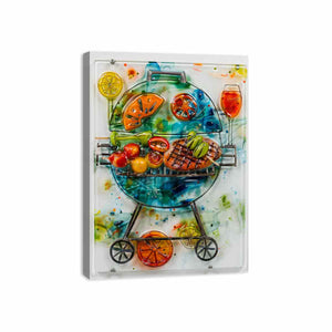 Colorful barbecue grill canvas art with citrus and vegetables for modern kitchen decor.
