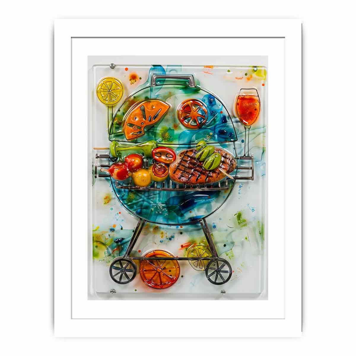 Colorful barbecue grill canvas art with citrus and vegetables for modern kitchen decor.