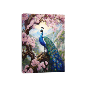 Vibrant peacock and pink blossom canvas art for elegant bedroom decor.