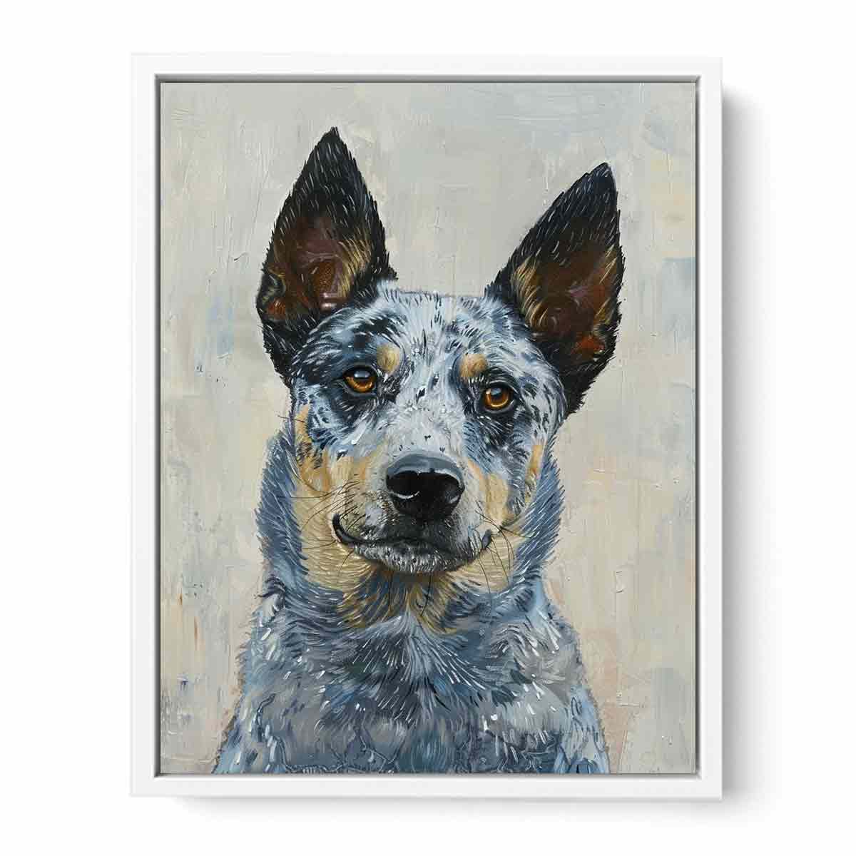 Blue heeler dog portrait canvas art for warm modern living room decor.