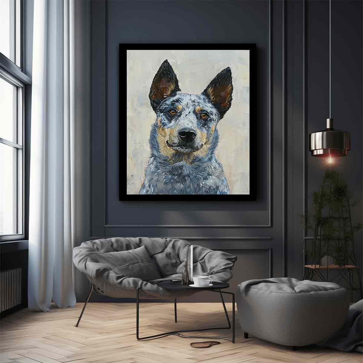 Blue heeler dog portrait canvas art for warm modern living room decor.