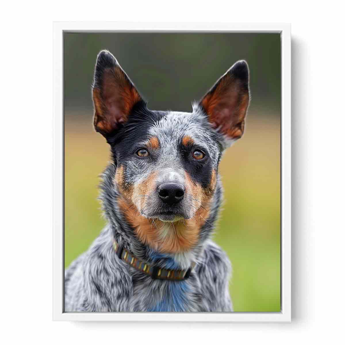 Realistic blue heeler dog canvas print for modern living room or office decor.