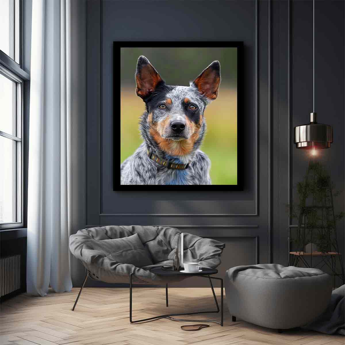 Realistic blue heeler dog canvas print for modern living room or office decor.