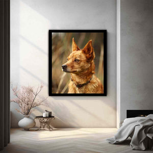 Warm red heeler dog portrait canvas art for rustic modern home decor.