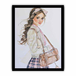 Fashion girl illustration canvas art with plaid outfit for chic bedroom decor.