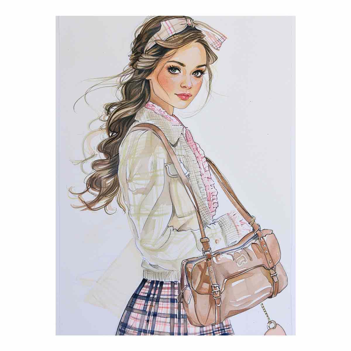 Fashion girl illustration canvas art with plaid outfit for chic bedroom decor.