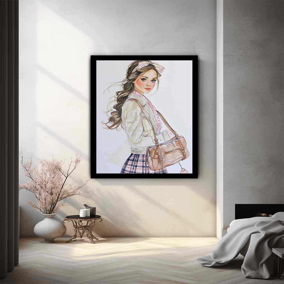 Fashion girl illustration canvas art with plaid outfit for chic bedroom decor.