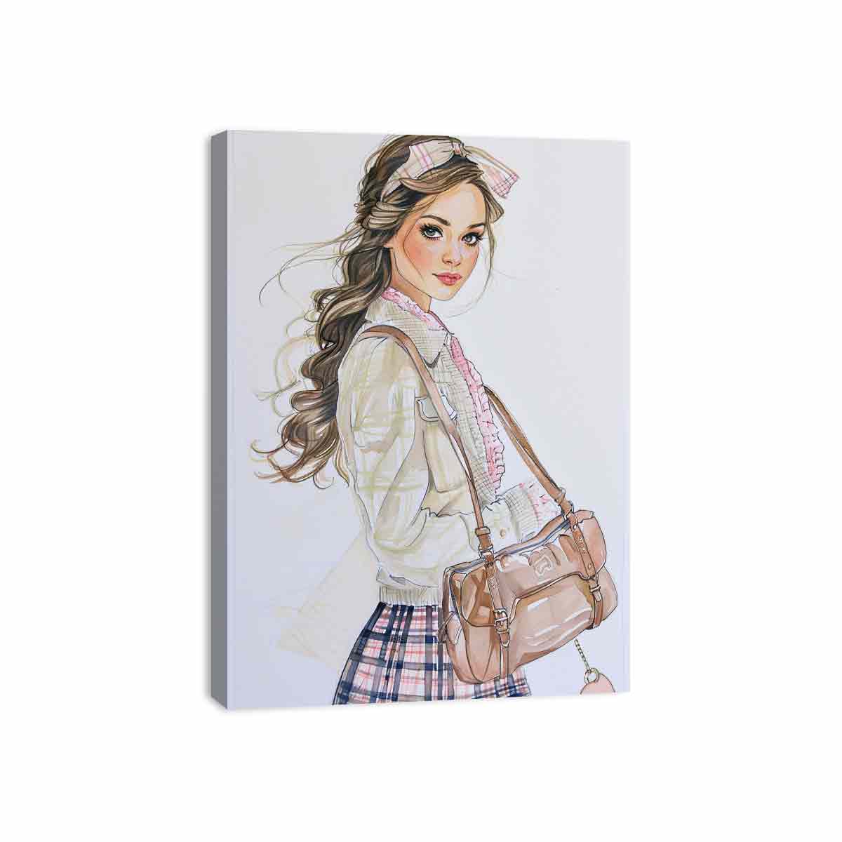 Fashion girl illustration canvas art with plaid outfit for chic bedroom decor.