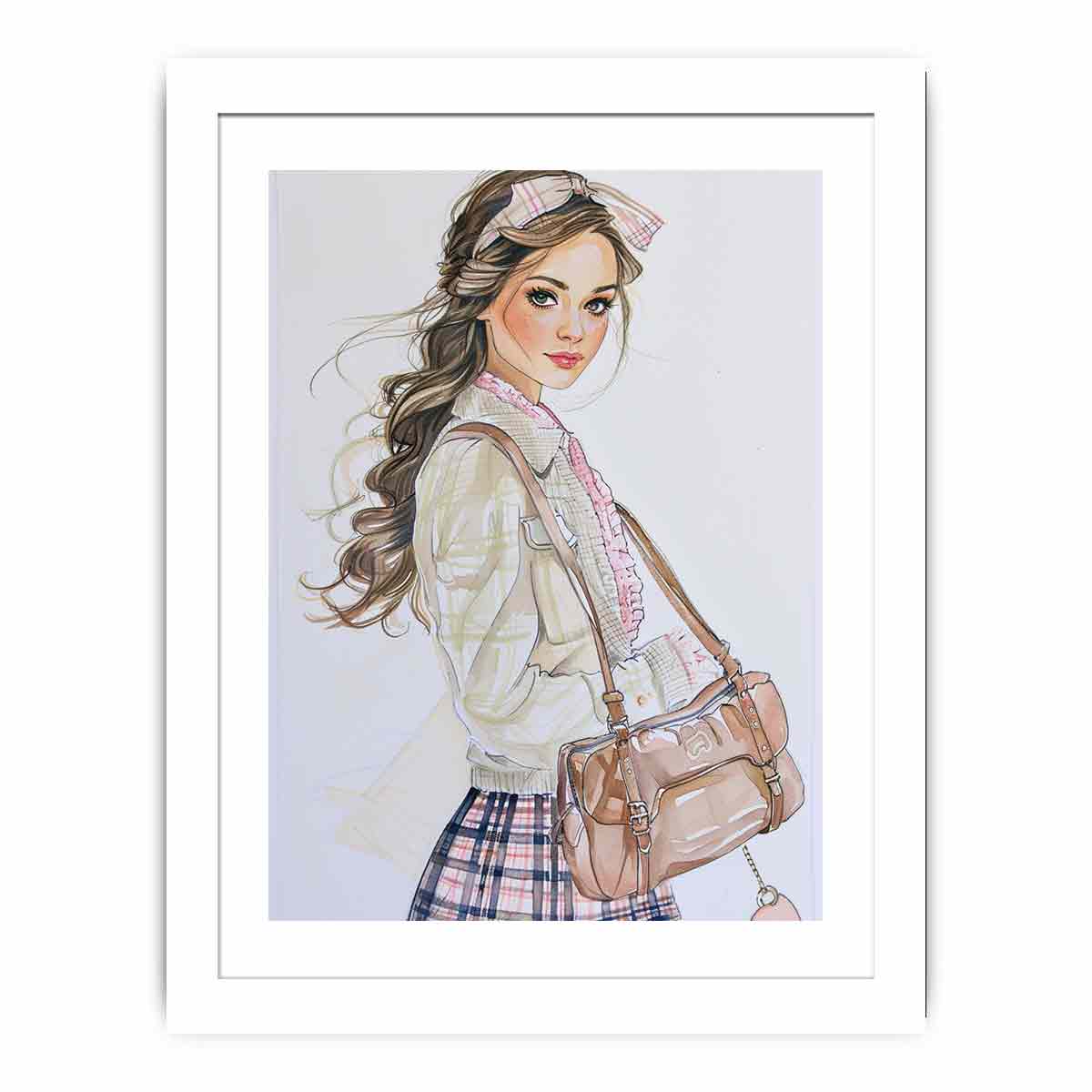 Fashion girl illustration canvas art with plaid outfit for chic bedroom decor.