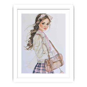 Fashion girl illustration canvas art with plaid outfit for chic bedroom decor.