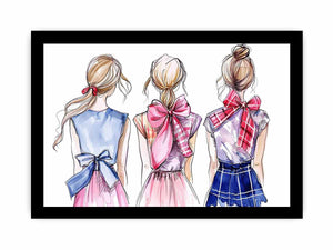 Three fashion girls with bows watercolor canvas art for feminine bedroom decor.
