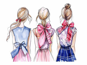 Three fashion girls with bows watercolor canvas art for feminine bedroom decor.