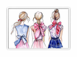Three fashion girls with bows watercolor canvas art for feminine bedroom decor.