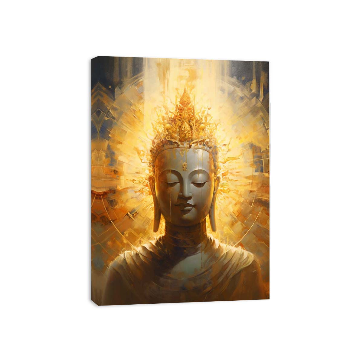 Golden Buddha canvas art with radiant light for peaceful meditation room decor.