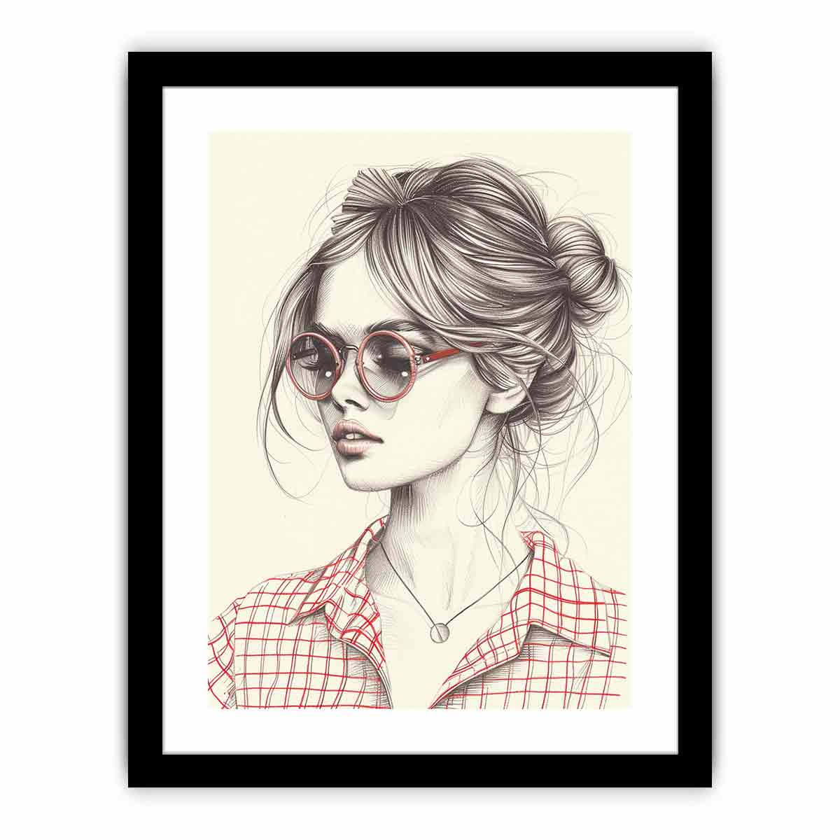 Chic woman in red glasses fashion illustration canvas art for modern office decor.