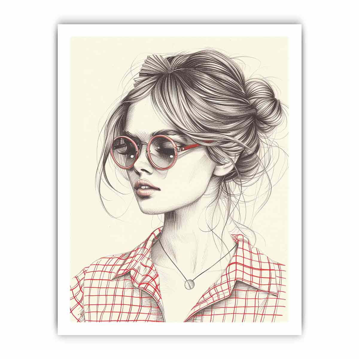 Chic woman in red glasses fashion illustration canvas art for modern office decor.