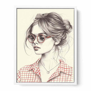 Chic woman in red glasses fashion illustration canvas art for modern office decor.