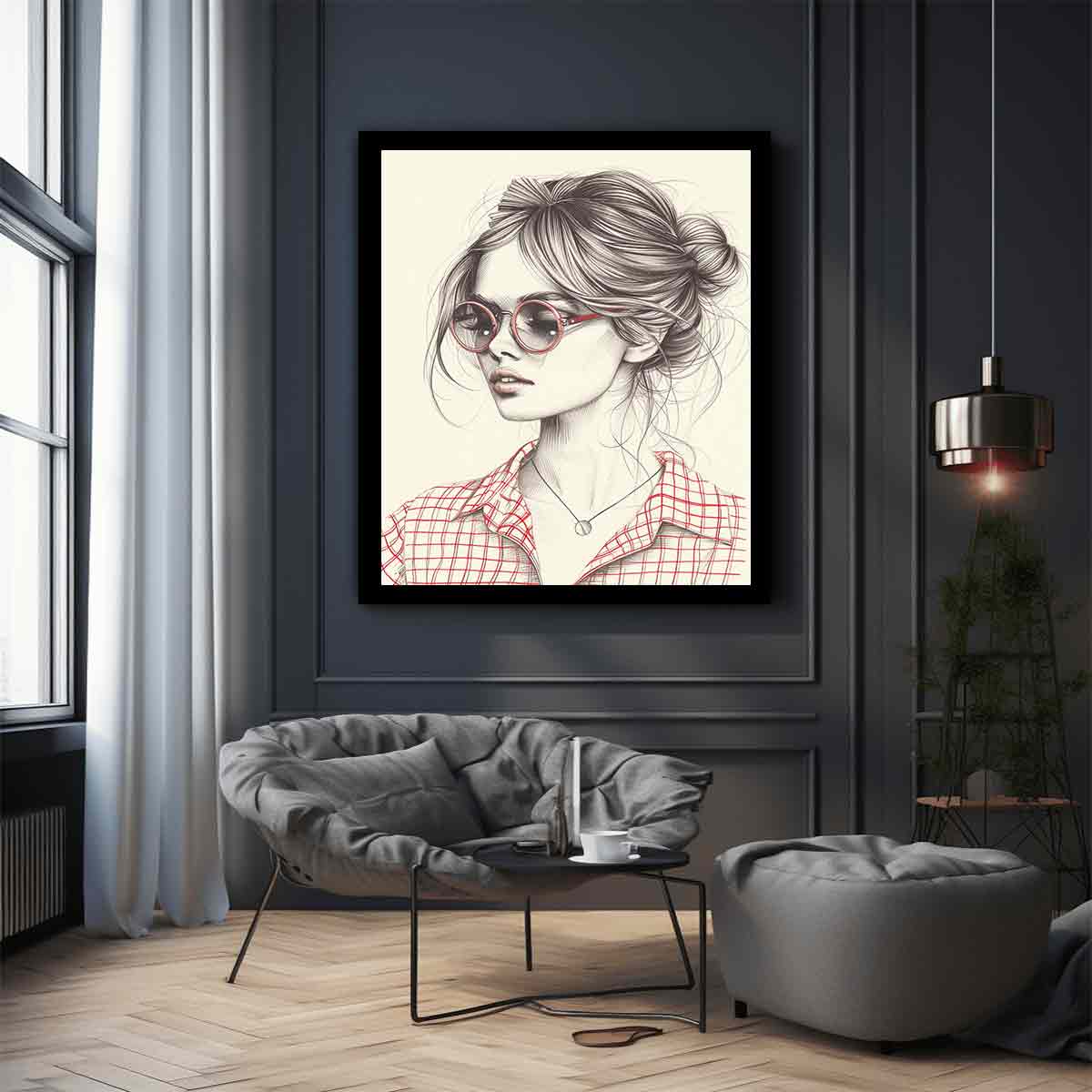 Chic woman in red glasses fashion illustration canvas art for modern office decor.