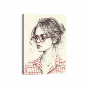Chic woman in red glasses fashion illustration canvas art for modern office decor.