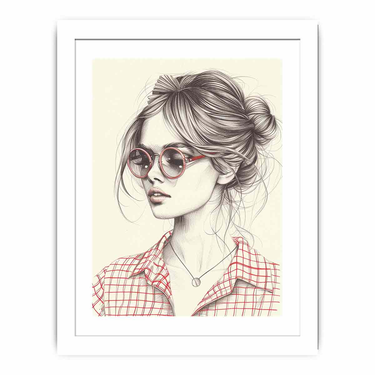 Chic woman in red glasses fashion illustration canvas art for modern office decor.
