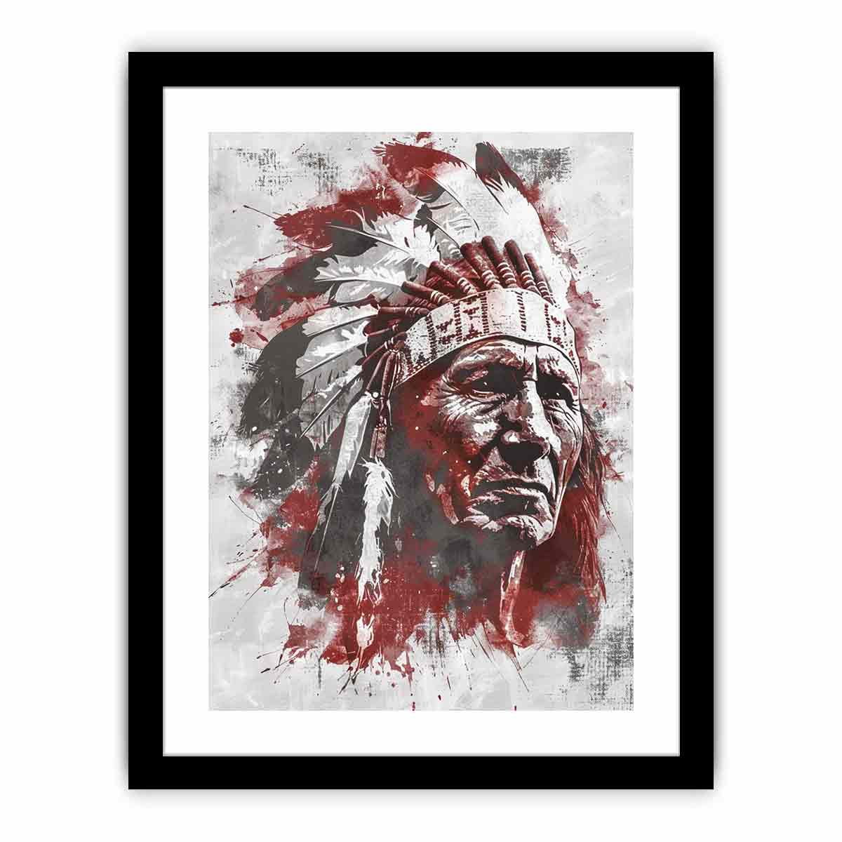 Dramatic Indigenous-inspired elder portrait canvas art for bold living room decor.