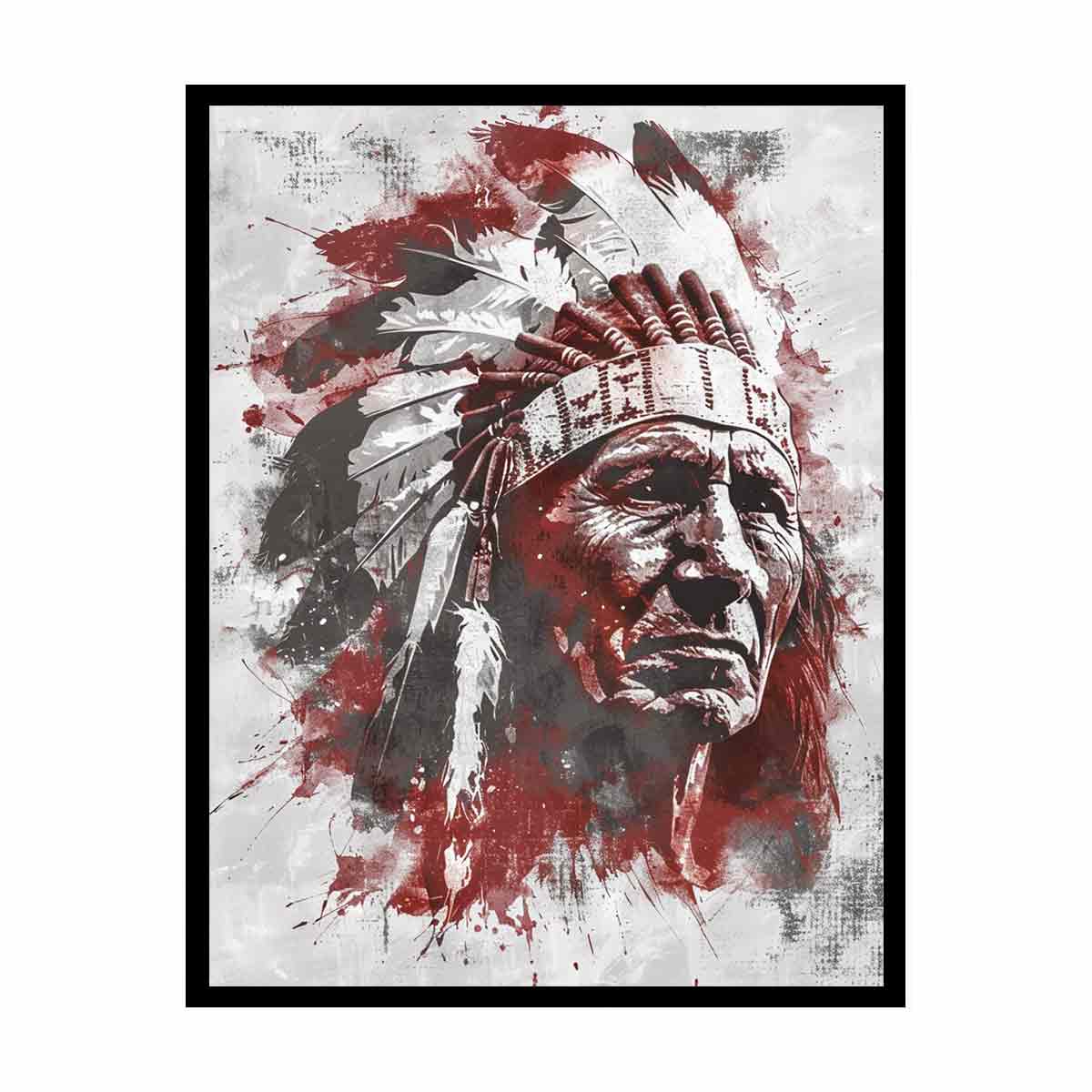 Dramatic Indigenous-inspired elder portrait canvas art for bold living room decor.