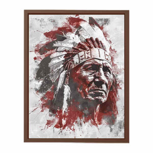 Dramatic Indigenous-inspired elder portrait canvas art for bold living room decor.