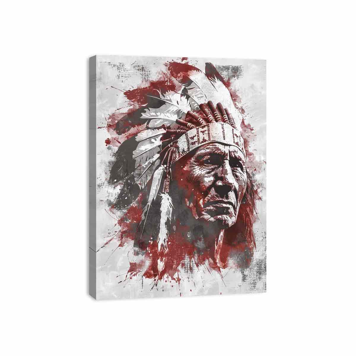 Dramatic Indigenous-inspired elder portrait canvas art for bold living room decor.