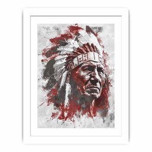 Dramatic Indigenous-inspired elder portrait canvas art for bold living room decor.