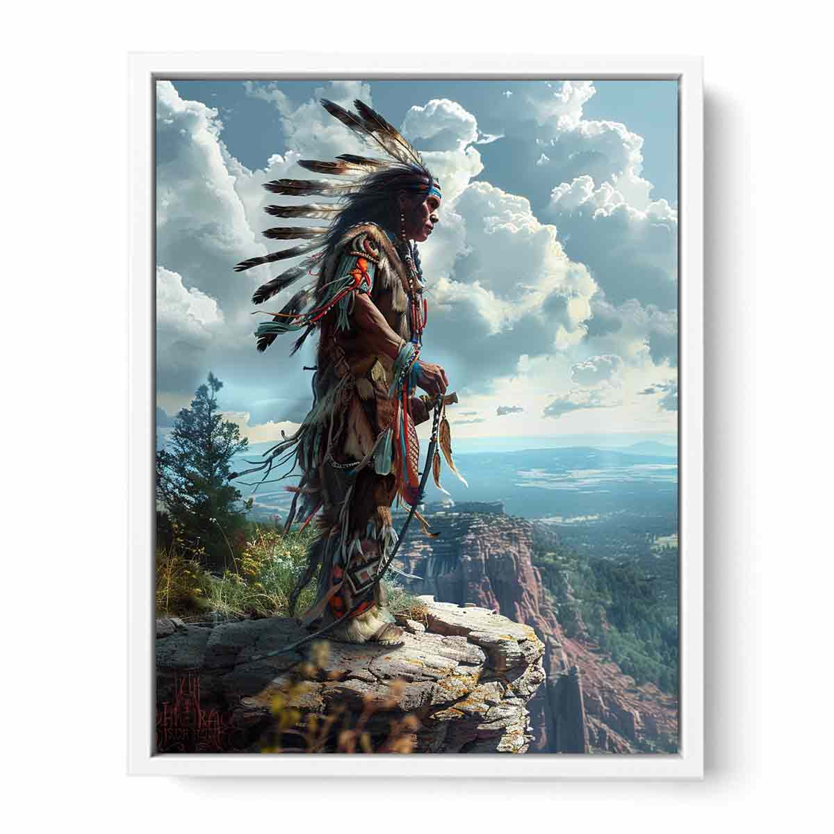 Indigenous-inspired warrior cliff landscape canvas art for dramatic office decor.