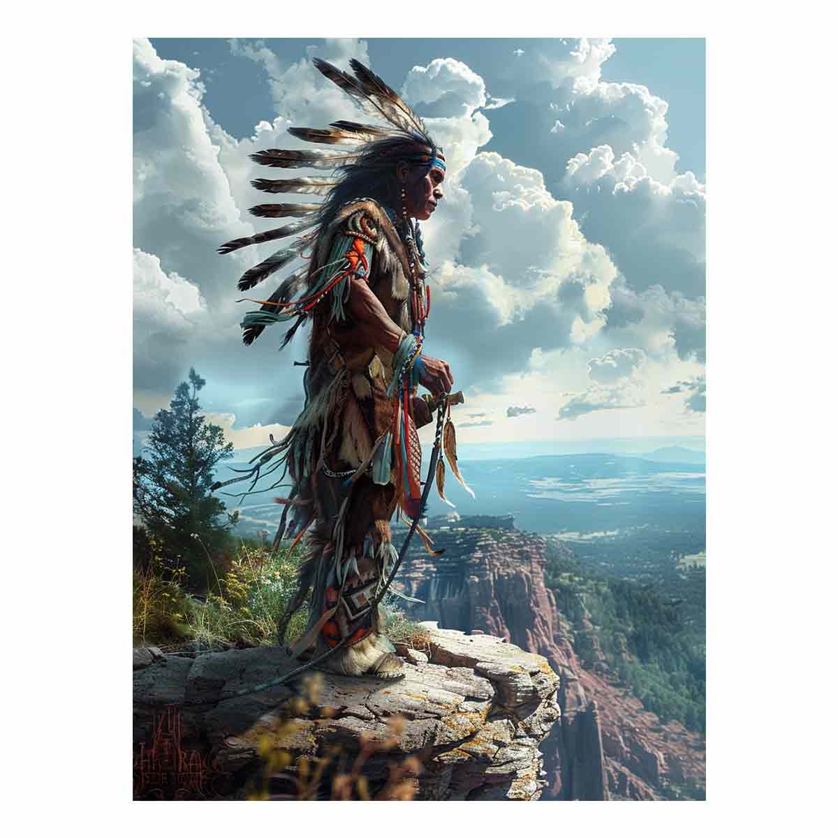 Indigenous-inspired warrior cliff landscape canvas art for dramatic office decor.