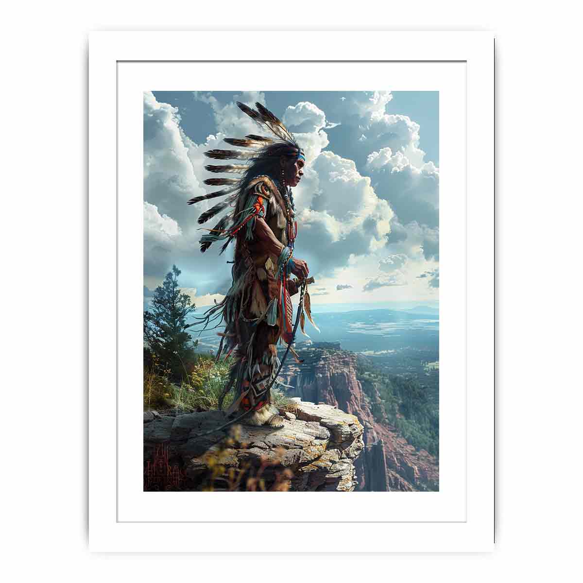 Indigenous-inspired warrior cliff landscape canvas art for dramatic office decor.