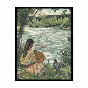 Peaceful riverside basket weaving illustration canvas art for nature-inspired bedroom decor.